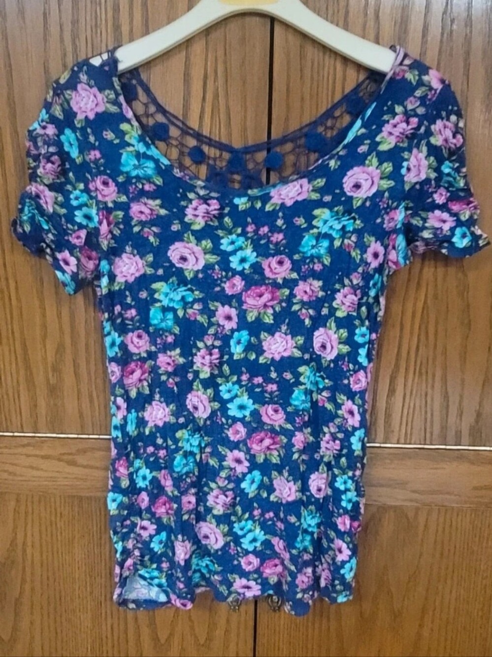 Deb Navy Floral Scoop-Neck Short Sleeve Top with Pink & Teal Flowers